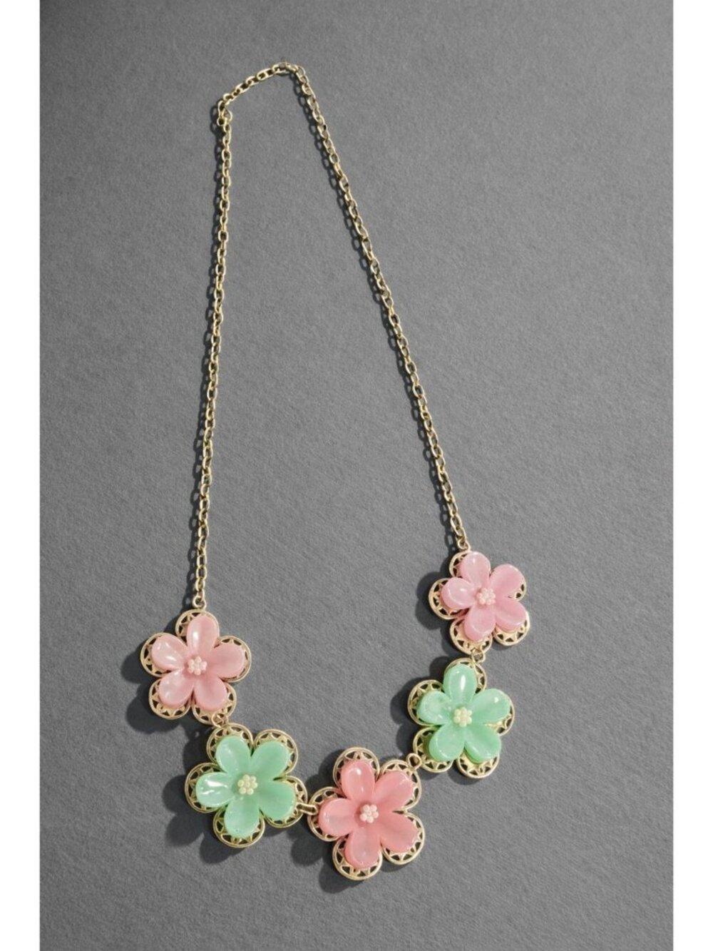 Pink & Mint Floral‎ Statement Necklace Gold Chain, Glossy Petals, Spring Jewelry